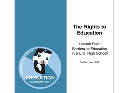 [ai] A lesson plan cover titled "The Rights to Education" with a blue background. It features an illustration of a hand with a raised finger and blue gems, and text stating "EDUCATION IS A HUMAN RIGHT". The grade level is specified as 9-12.
